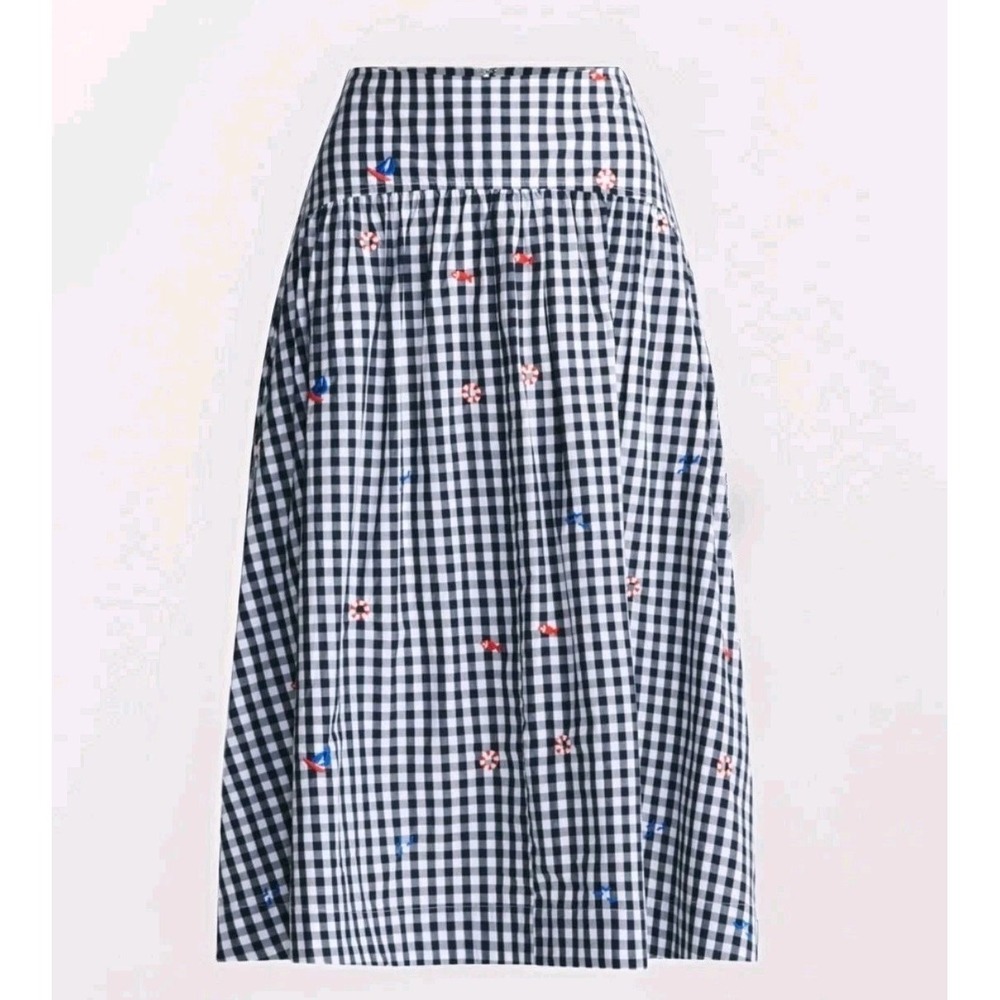 Coastal Preppy Gingham Midi Skirt Nautical Embroidered NWT Size 8